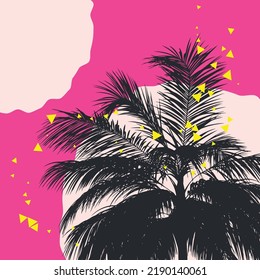Detailed palm tree tops silhouettes and colorful geometric shapes background.