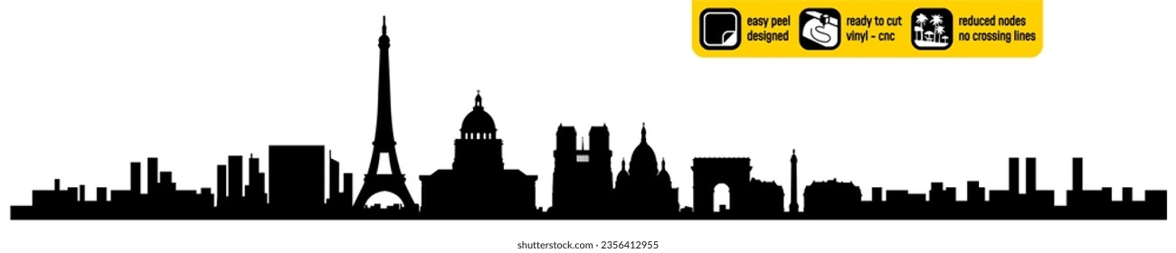 Detailed Paris skyline vector, France created for vinyl cutting. Landmarks in a single design cnc plasma. Vinyl ready design. Wall sticker. Wall decal. Black and white silhouette.