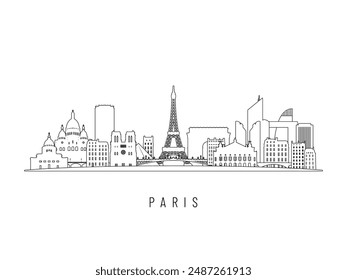 Ilustración vectorial detallada del horizonte de París. Edificios parisinos en estilo line art, perfectos para diseños modernos.