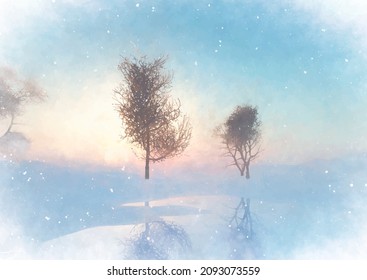 Detailed pastel coloured hand painted winter solstice landscape 