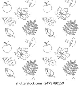 Detailed pattern of autumn leaves, apples, and mushrooms for coloring. Ideal for fall-themed creative activities for kids and adults.