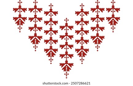 a detailed pattern composed of pixel designs with red square,red flowers on transparent background , design for collar.