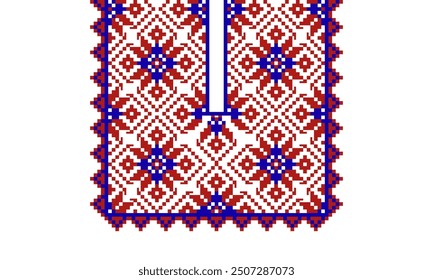 a detailed pattern composed of pixel designs with red and blue square on transparent background , design for collar.