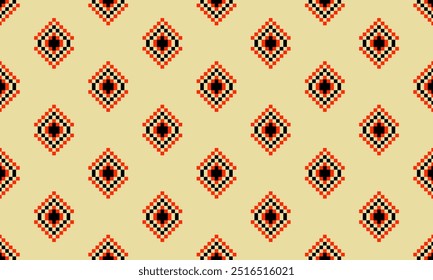 a detailed pattern composed of pixel designs with orange and black square on yellow background , design for fabric or various pattern printing works.