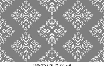 a detailed pattern composed of pixel designs with white flowers on gray background , design for fabric or various pattern printing works.
