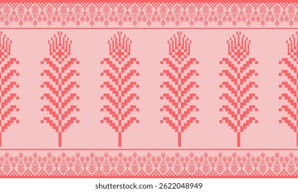 a detailed pattern composed of pixel designs with red flowers on pink background , design for fabric or various pattern printing works.