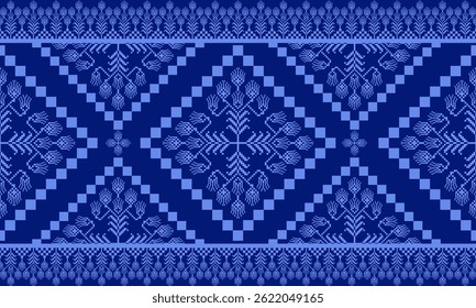 a detailed pattern composed of pixel designs with light blue flowers on dark blue background , design for fabric or various pattern printing works.