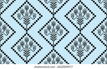 a detailed pattern composed of pixel designs with black flowers on light blue background , design for fabric or various pattern printing works.