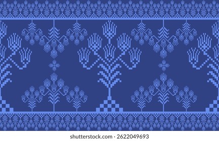 a detailed pattern composed of pixel designs with light blue flowers on light blue background , design for fabric or various pattern printing works.