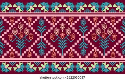 a detailed pattern composed of pixel designs with pink and orange flowers on dark red background , design for fabric or various pattern printing works.