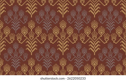 a detailed pattern composed of pixel designs with dark yellow flowers on dark brown background , design for fabric or various pattern printing works.