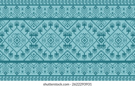 a detailed pattern composed of pixel designs with dark green square on light green background , design for fabric or various pattern printing works.