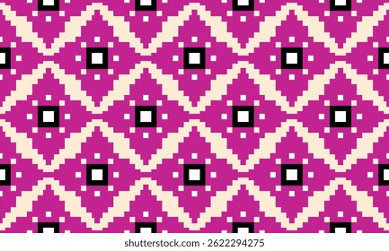 a detailed pattern composed of pixel designs with dark pink flowers on light yellow background , design for fabric or various pattern printing works.