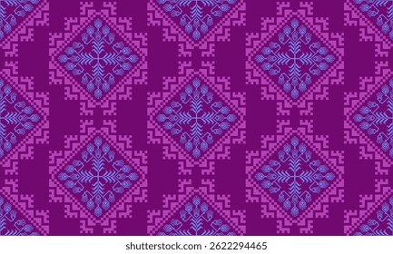 a detailed pattern composed of pixel designs with light blue flowers and light purple on dark purple background , design for fabric or various pattern printing works.