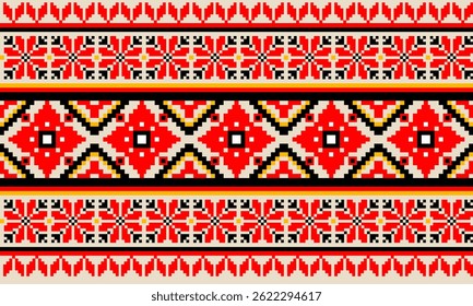 a detailed pattern composed of pixel designs with red flowers and black square on light yellow background , design for fabric or various pattern printing works.