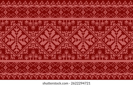 a detailed pattern composed of pixel designs with light red flowers on dark red background , design for fabric or various pattern printing works.