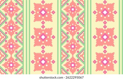a detailed pattern composed of pixel designs with light pink flowers and green pastel on yellow background , design for fabric or various pattern printing works.