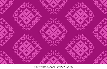 a detailed pattern composed of pixel designs with light pink square on dark pink background , design for fabric or various pattern printing works.
