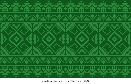 a detailed pattern composed of pixel designs with light green square on dark green background , design for fabric or various pattern printing works.