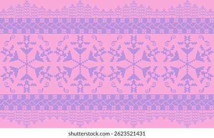 a detailed pattern composed of pixel designs with purple pastels flowers on pink pastels background , design for fabric or various pattern printing works.
