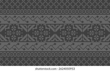a detailed pattern composed of pixel designs with light gray flowers on dark gray background , design for fabric or various pattern printing works.