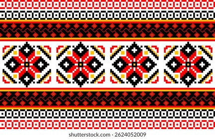 a detailed pattern composed of pixel designs with red and black flowers on white background , design for fabric or various pattern printing works.
