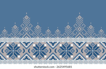 a detailed pattern composed of pixel designs with dark blue flowers and lingt brown squrae, design for fabric or various pattern printing works.