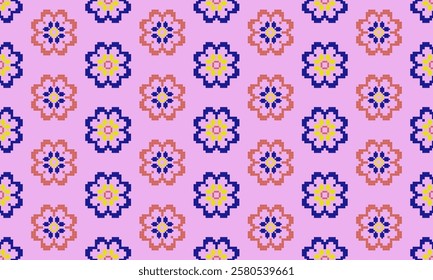a detailed pattern composed of square shape designs with blue and orange flowers on light pink background , design for fabric or various pattern printing works.