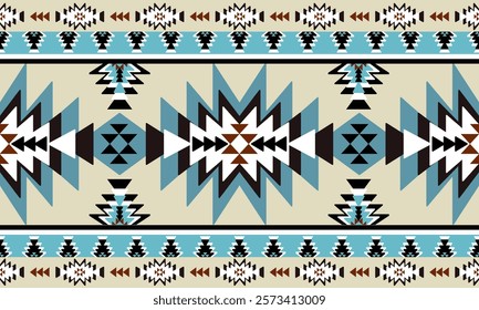 a detailed pattern composed of triangle and square shape designs with blue,black,white on cream color background design for fabric or various pattern printing works.