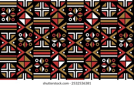 a detailed pattern create from geometric designs with red ,gold and white on black background , design for fabric or various pattern printing works.