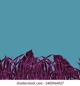 Detailed pattern illustration of black grass with a pink outline on a turquoise background