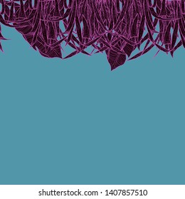 Detailed pattern illustration of black grass with a pink outline on a turquoise background