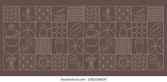 A detailed pattern showcases different coffee brewing methods, cups, and beans arranged in a stylish layout against a warm background, highlighting coffee culture and design.