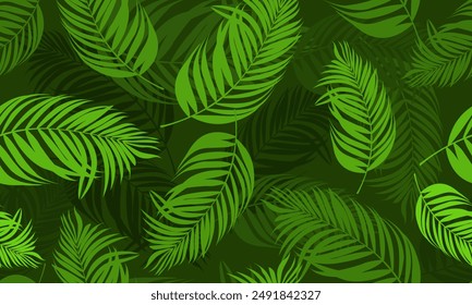 a detailed pattern of tropical leaves in various shades of green, set against a dark green background.