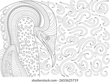 Página de cores detalhadas Penguin com desenhos de estilo Zentangle, estrelas e padrões abstratos fluindo para o relaxamento artístico
