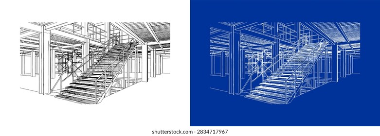 Detailed perspective drawing of a building interior featuring a central staircase structural columns and beams shown in both classic ink and blueprint formats