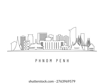 Detailed Phnom Penh skyline vector illustration. Phnom Penh buildings in line art style, perfect for modern designs.