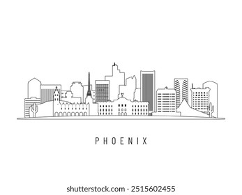 Detailed Phoenix skyline vector illustration. Phoenix AZ buildings in line art style, perfect for modern designs.