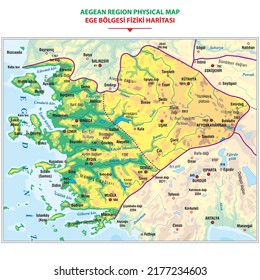 Detailed Physical Map Of The Aegean Region. Vector Illustration