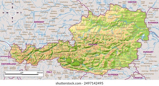 Detailed physical map of Austria