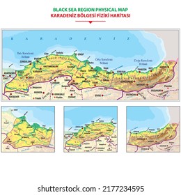 Detailed physical map of the Black Sea region. vector illustration