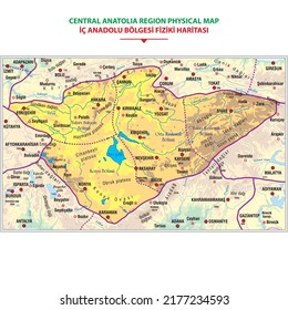 Detailed physical map of the Central Anatolia region. vector illustration