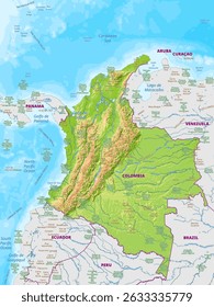 Mapa físico detalhado de Colômbia
