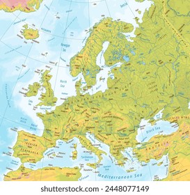 Detailed physical map of Europe