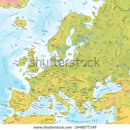 Detailed physical map of Europe