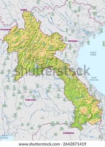 Detailed physical map of Laos