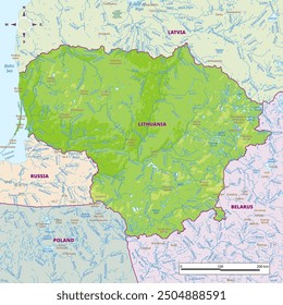 Detailed physical map of Lithuania