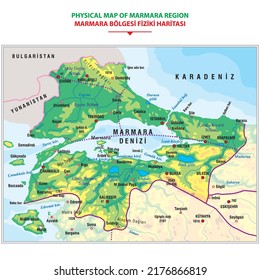 Detailed physical map of Marmara region. vector illustration