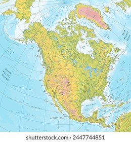 Detailed physical map of North America