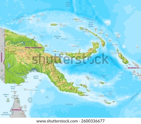 Detailed physical map of Papua New Guinea